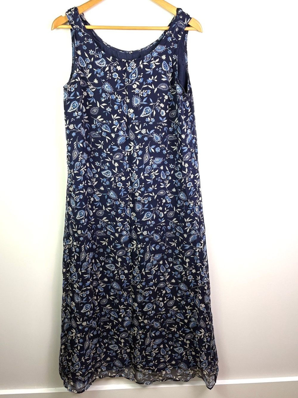 Vintage 100% silk Robbie Bee Sleeveless Navy Floral Maxi Dress size 12